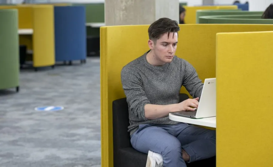 A student quietly studies using a laptop in a study pod in the centenary building