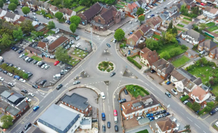 An aerial shot of a UK town, with some signs economic fortunes are not strong such as underused spaces