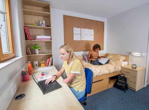 Two students in a bedroom. One sits reading on a single bed while the other works on a laptop, sat at a desk beside a window.
