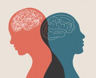 Abstract illustration of two overlapping human silhouettes in profile, one red, one blue. We can see their brains as white outlines, one looks more like a scribble than a brain.