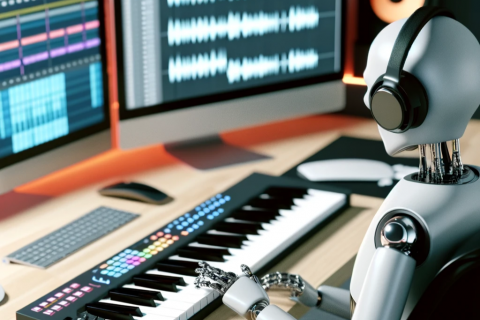 An AI-generated image of a humanoid robot sitting at a desk in a music studio. It is playing notes on a musical keyboard, as recording software displays the soundwaves being recorded on 2 computer monitors.