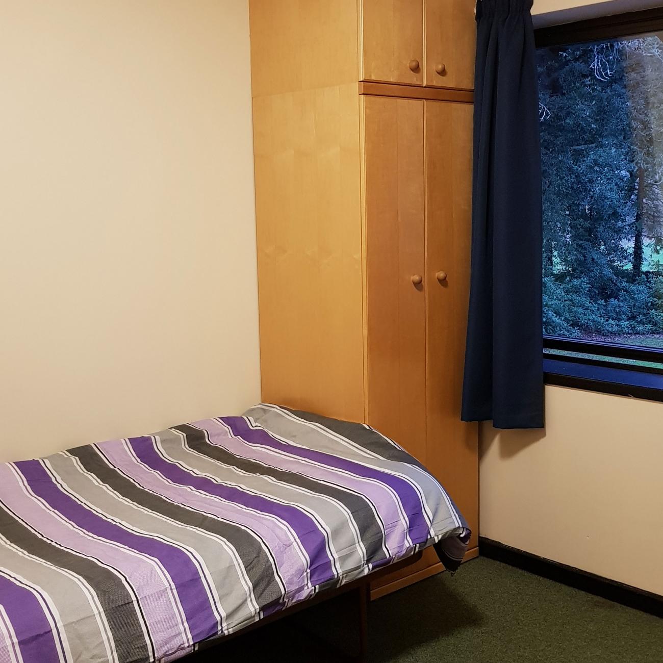 A student bedroom showing a single bed with stripey covers, a tall wooden wardrobe and a window looking out to a landscape filled with trees.