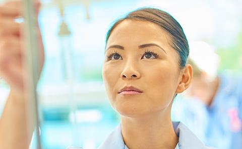 Female international student looking at an IV