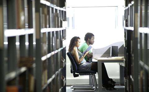 Students working in the library