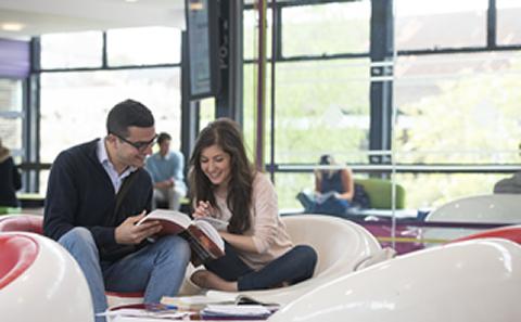 student and lecturer looking at book