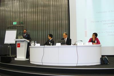 From left: Dr Alexandros X.M. on the podium; Dr Yoshinobu Takei, University of Kiel, Professor Don Anton, Australian National University; Dr Sophia Kopela, University of Lancaster