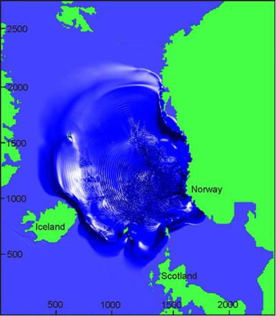 Perspective view of sea-surface elevation 2h after the release of the Storegga Slide