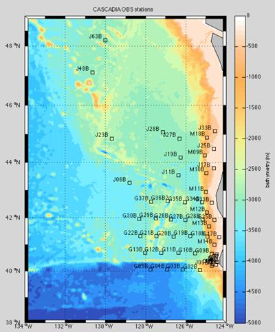 Locations of the 64 Cascadia Initiative OBS stations off the Californian coast