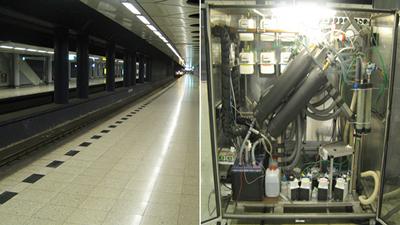 Particle collection device deployed at an underground railway station.  
