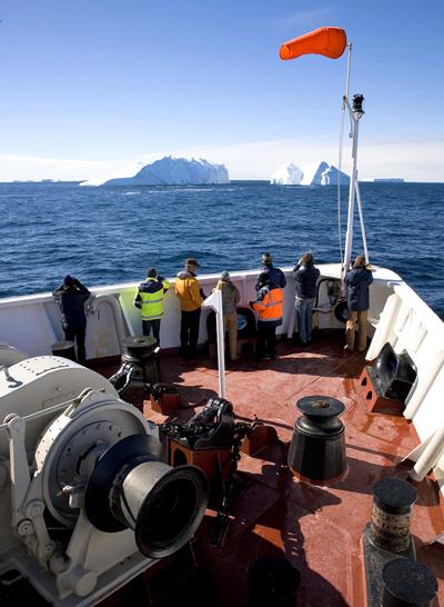 The scientific drilling ship operating in Antarctic waters off the coast of Wilkes Land, Antarctica (Photo: John Beck, IODP)