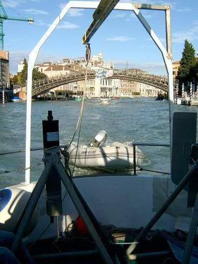 Passing under Academia Bridge on research boat