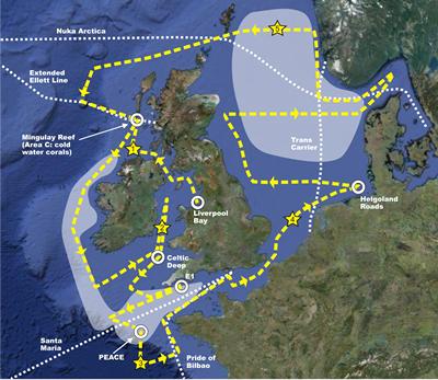 Stars indicate locations where seawater will be collected for shipboard experiments at elevated CO2 levels