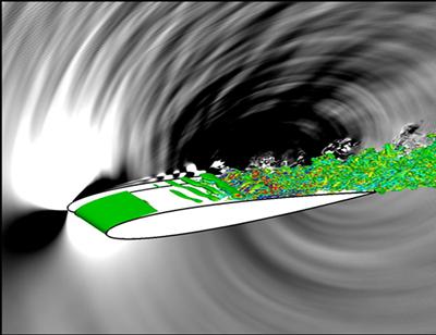 Aerofoil flow visualisation including the sound radiation