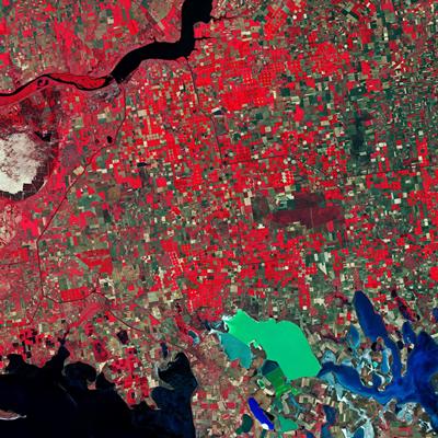 A patchwork of agricultural fields dominate the landscape. 