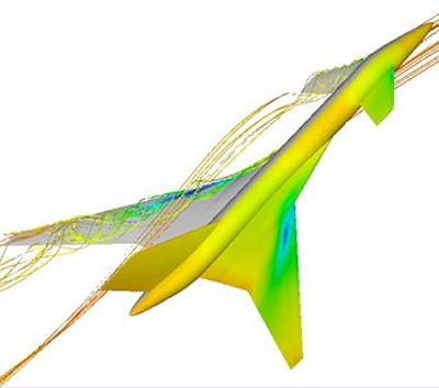 Flow around the TCR wind tunnel model at α=18.0 deg and M=0.12 computed using the PMB code (k-ω turbulence model)