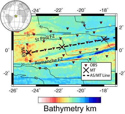 Proposed seismic and MT deployment plan, from the mid-Atlantic Ridge (MAR) to 40 My old seafloor.