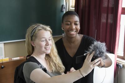 Spark India students (Lucy Bassett and Oreolu Grillo) recording a vlog