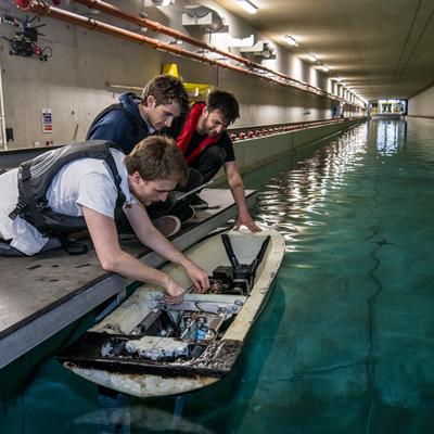 Students working in our 138m towing tank