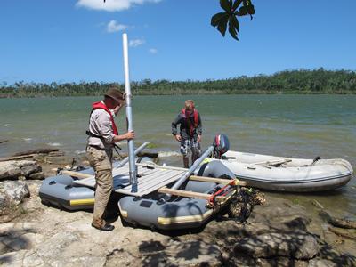 equipment in order to retrieve sediment cores from the bottom of Lake Emaotul.