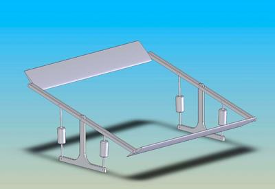 Mechanical design of a flapping foil energy extraction device. Minimal actuation in pitch of each foil is used to adjust the angle of attack. The current causes a resulting motion in heave. 
