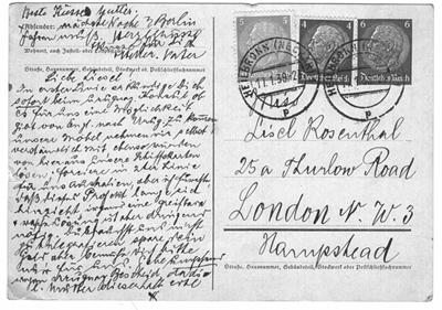 A postcard, c. 1937; a father asks his daughter for help emigrating from Germany.