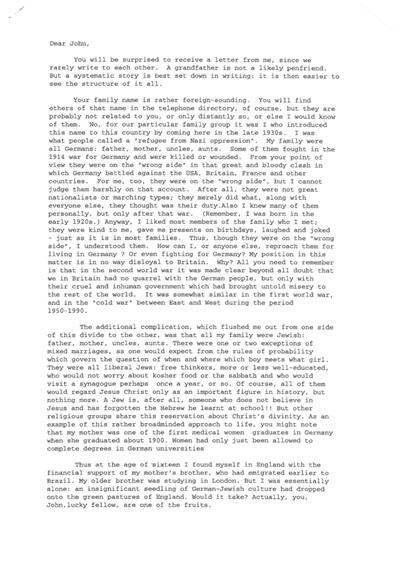A letter, c. 1993; a former Jewish refugee tells his grandson about his German background and experiences as a 16 year old refugee in Britain, 1939.