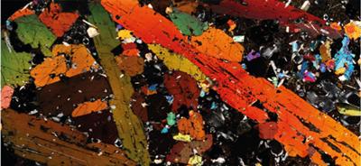 Petrological microscope view of a magma mush