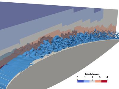 Figure 5:  LBM-LES aeroacoustics simulation of a NACA0012 airfoil at Re=500,000, M=0.22 and 10° angle of attack. Iso-contour of the vorticity norm and cross-sectional view of mesh levels.