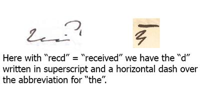 Abbreviations: "recd" = "received" and abbreviation for "the"