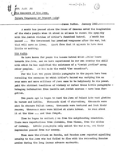 James Parkes' 1943 reponse to the Holocaust.