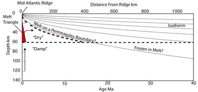 Schematic of potential mechanisms that define the oceanic lithosphere, from the mid-ocean ridge to 40 My old seafloor.