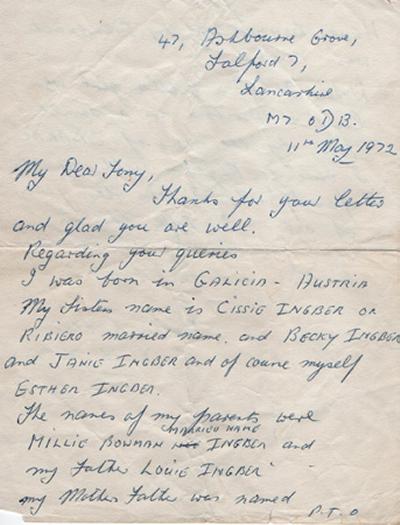 Letter of Esther Reece, Salford 7, to Tony Kushner, 11 May 1972