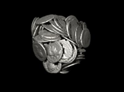 Rendered image of Roman coins from scan of inside of Selby area hoard pot