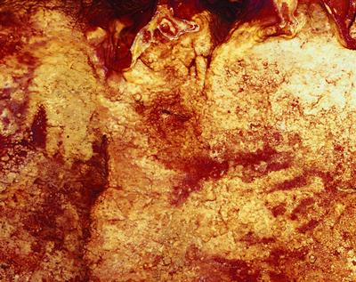 Colour enhanced image of two Neanderthal hand stencils. Credit: H.Collado