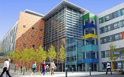 The main entrance of Queen Alexandra Hospital located in Cosham, Hampshire.
