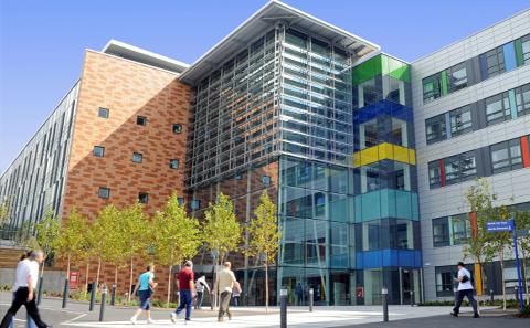 The main entrance of Queen Alexandra Hospital located in Cosham, Hampshire.