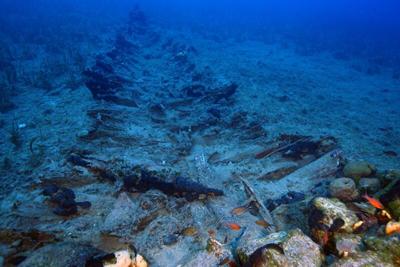 The remains of a wooden shipwreck 