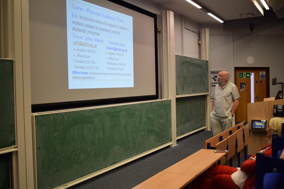 Prof John Aldridge delivering welcome presentation to students