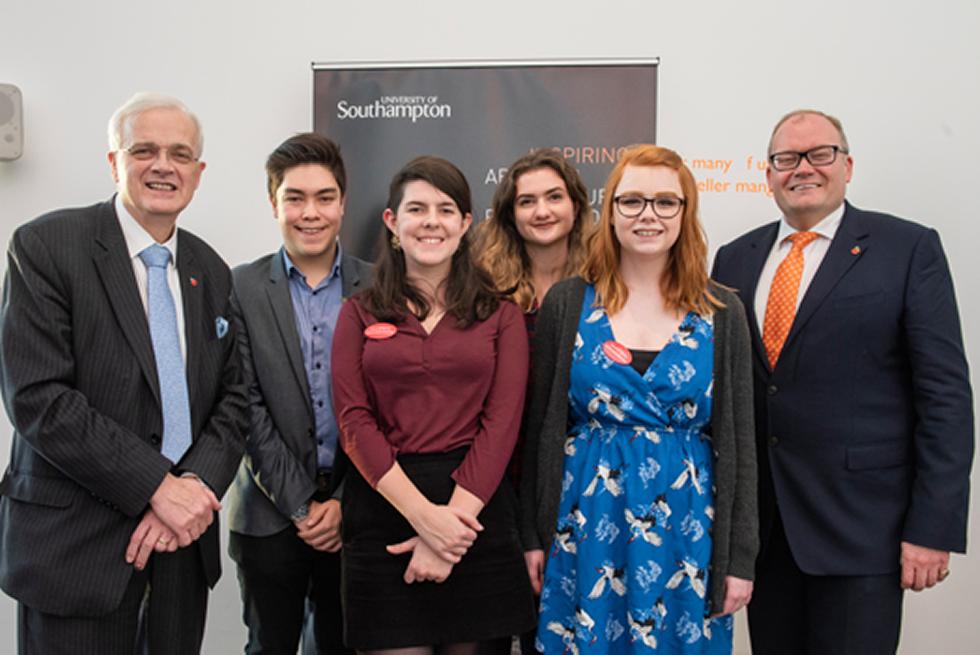 Arts Ambassadors Ben, Molly, Annette and Hannah with Darren Henley and Sir Christopher Snowden