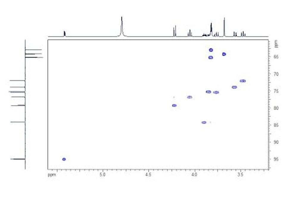 HSQC. In the HSQC spectrum the one-bond direct HC couplings can be viewed as cross-peaks between the proton and carbon projections.