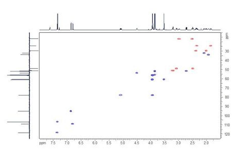HSQC. In the HSQC spectrum the one-bond direct HC couplings can be viewed as cross-peaks between the proton and carbon projections; in the illustrated spectrum, DEPT editing has been applied.