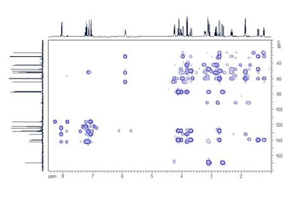 HMBC. In the HMBC spectrum the two- and three- bond couplings between protons and carbons can be seen as cross-peaks.