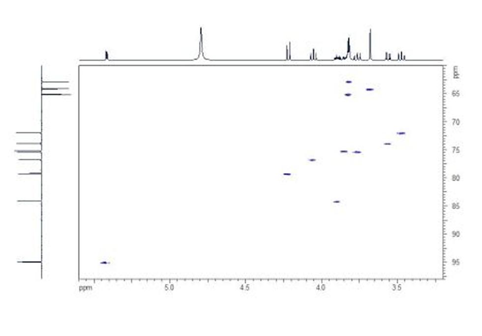 NUS HSQC. In the HSQC spectrum acquired using non-uniform sampling data collection, the cross-peaks showing the one-bond direct HC couplings can be visualised with much greater resolution in the carbon dimension.