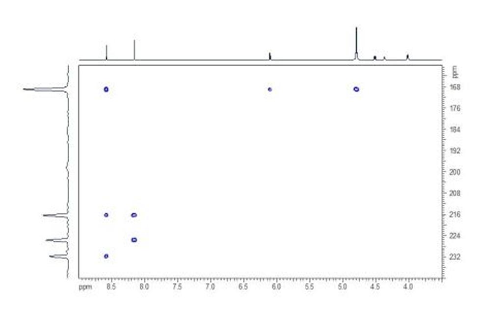 In the HN HMBC spectrum the two- and three- bond couplings between 1H and 15N nuclei can be seen as cross-peaks. The f1 projection can be extracted and provide 15N chemical shifts for nitrogens proximal to protons much more rapidly than possible by direct 15N observation.