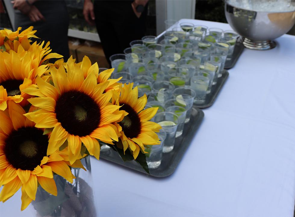 Beautiful sun flower decorations and shots on the table
