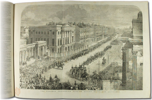 Page from Illustrated London News showing Wellington's funeral procession and the Royal Artillery passing Apsley House