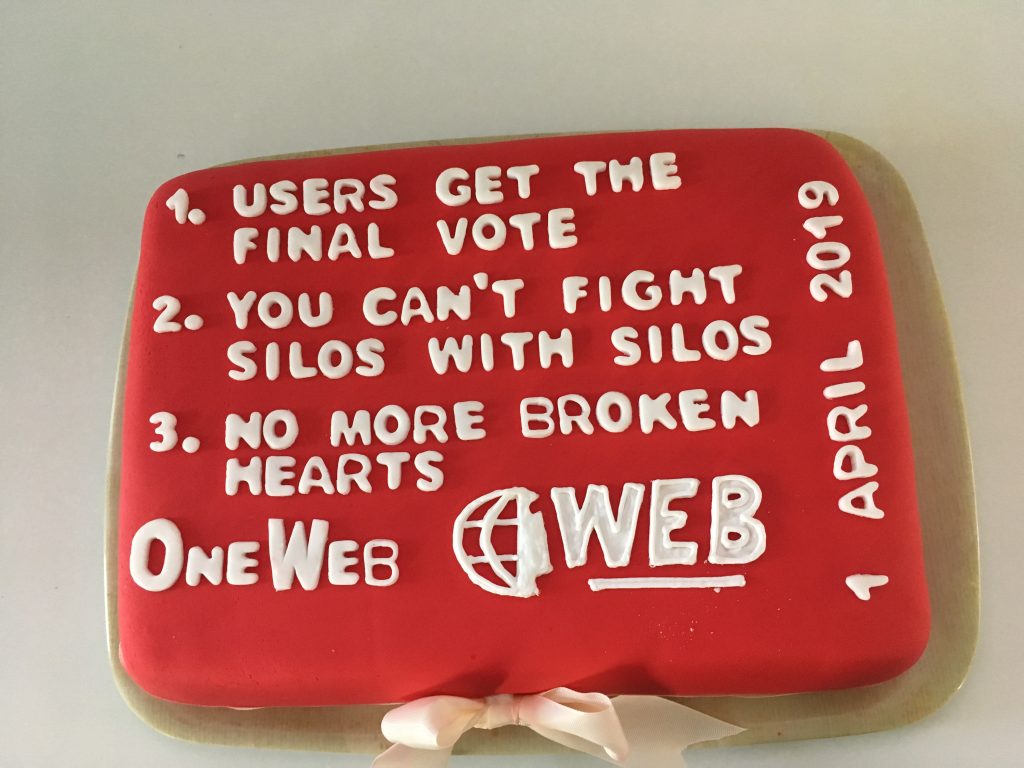 this is a cake we had when we launched OneWeb - 1 April 2019