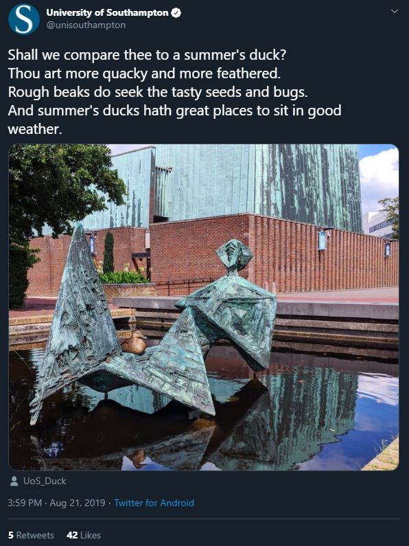 Tweet from the University of Southampton, featuring a Shakespearean poem about a duck.