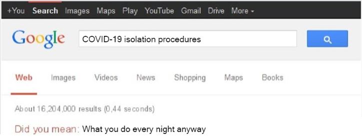 Fake Google search for 'COVID-19 isolation procedures'. The only result says "Did you mean: what you do every night anyway".