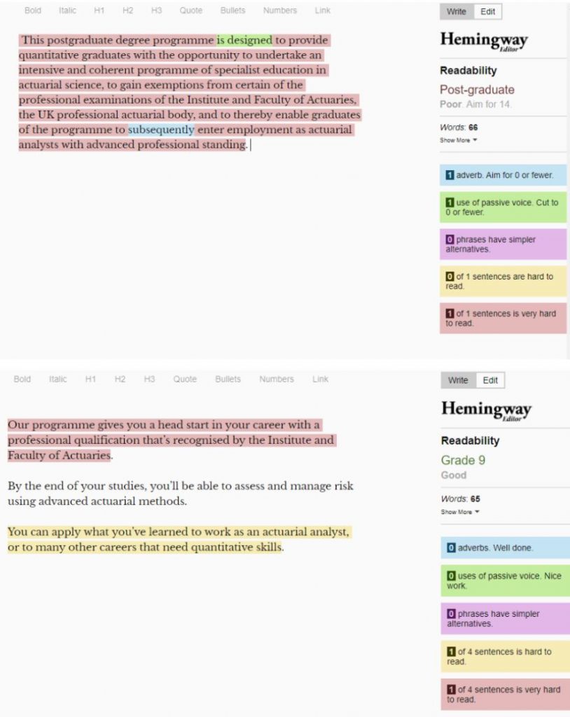 Side by side comparison of a paragraph from an old course page and its content designed update.